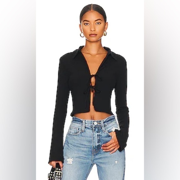 Frame Women’s Bell Sleeve Rib Polo Top Black Size Medium Tie Front Crop - Picture 1 of 8